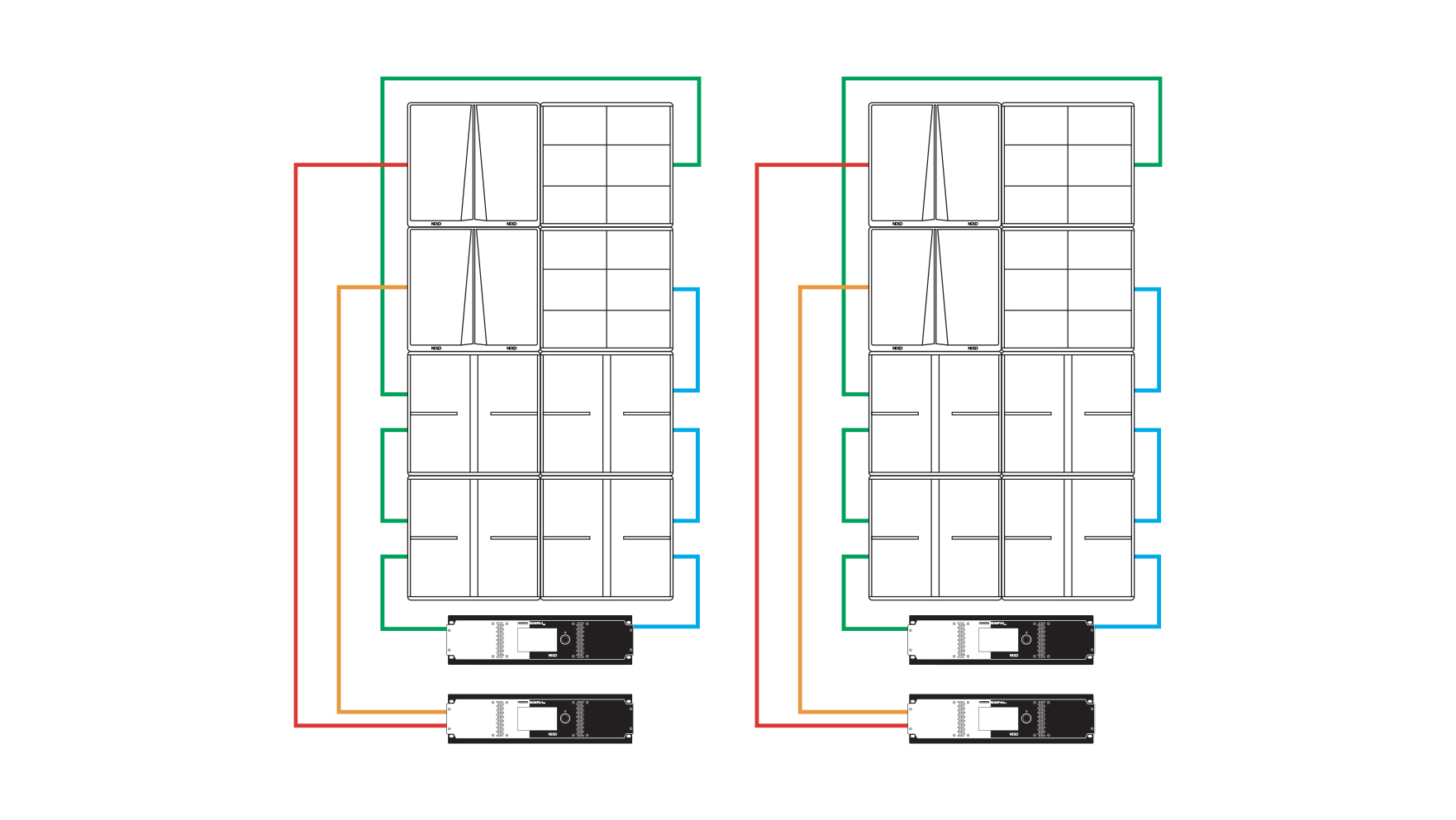 комплект звукового оборудования 2×M210 + 2×B218 + 4×L20, питание 2×NXAMP4X4MK2 
